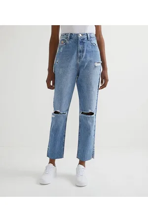Blue Steel Calça Cropped Reta Jeans com Puídos e Fenda na Barra