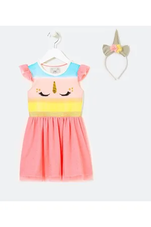 Póim (1 a 5 anos) Vestido Infantil Fantasia com Estampa de Unicórnio Acompanha Tiara - Tam 1 a 5 Anos