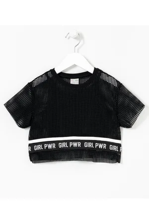 Fuzarka Blusa infantil Manga Curta de Tela Estampa Girl Pwr com Top por Baixo - Tam 5 a 14 anos