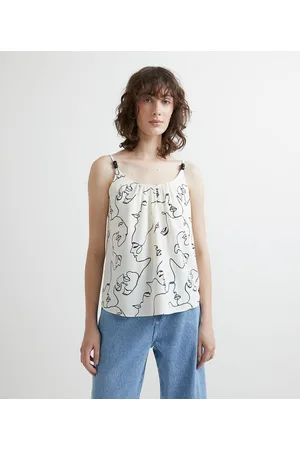 Cortelle Blusa Regata em Crepe com Estampa Abstrata e Aviamento nas Alças