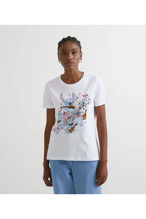 Disney Blusa Manga Curta em Algodão e Estampa Stitch com Notas Musicais
