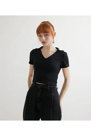 Blue Steel Blusa Cropped Canelada com Gola Polo e Decote V