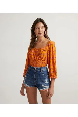 Blue Steel Blusa Cropped em Viscolycra com Estampa de Caranguejos e Manga Bufante