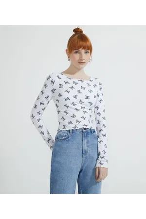 Blue Steel Blusa em Ribana com Estampa de Borboletas e Manga Longa