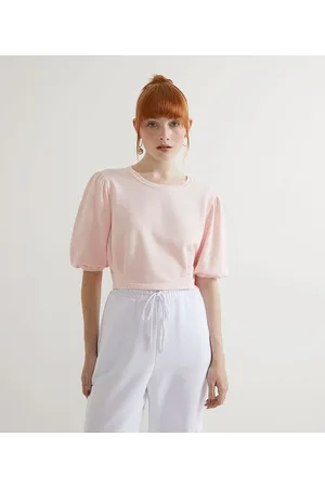 Blue Steel Blusa Cropped em Moletinho Marmorizado com Manga Curta Bufante
