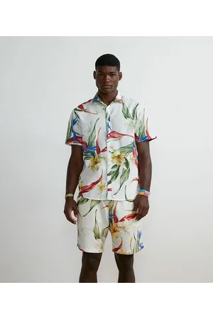 Marfinno Camisa Manga Curta em Linho Estampa Folhagens Coloridas