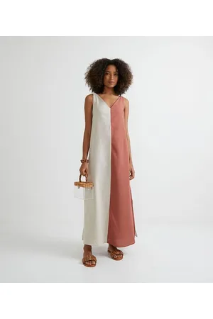 Marfinno Vestido Longo em Viscolinho com Decote V Bicolor