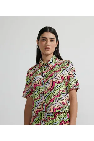 Blue Steel Camisa Cropped em Viscose Manga Curta com Listras Coloridas