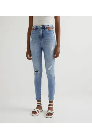 Blue Steel Calça Skinny Jeans com Vazados no Espelho do Bolso e Puídos