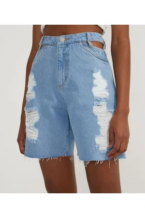 Blue Steel Bermuda Jeans com Puídos e Espelho do Bolso Vazado