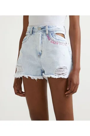 Blue Steel Short Cintura Alta Jeans com Bordado e Detalhe Vazado no Bolso
