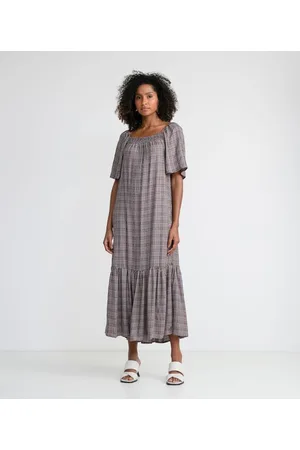 Marfinno Vestido Longo em Viscose com Mangas Curtas Amplas Xadrez