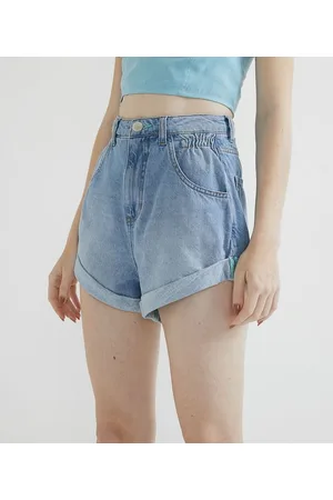 Blue Steel Short Mom Jeans Liso com Elástico no Bolso e Barra Dobrada