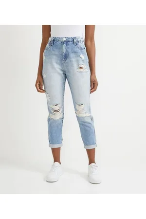 Blue Steel Calça Mom em Jeans com Puídos e Elástico nos Bolsos