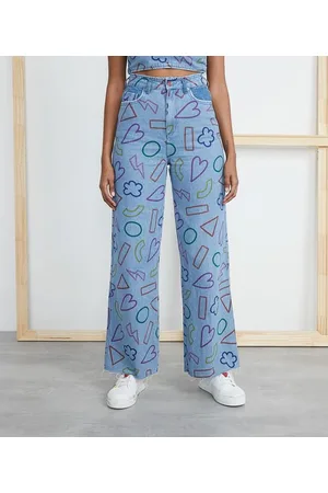 Chica Capeto Calça Wide Leg Jeans com Estampa de Formas Coloridas