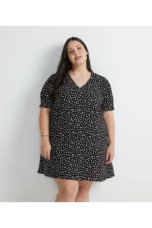 Ashua Curve e Plus Size Vestido Curto em Crepe com Manga Curta e Estampa Poá Curve & Plus Size