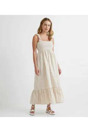 Blue Steel Vestido Midi em Algodão com Lastex no Busto e Estampa Xadrez