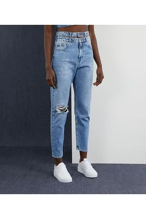 Blue Steel Calça Mom Jeans com Cós Duplo Vazado e Puído no Joelho