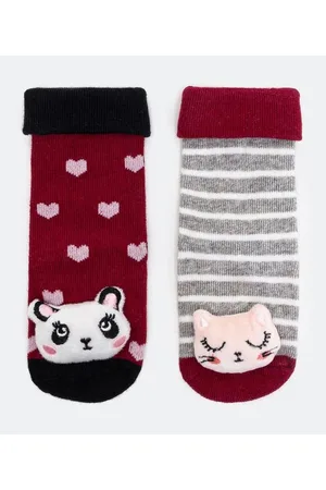 Teddy Boom Kit 2 Pares de Meias Infantil com Chocalho de Gatinha e Panda - Tam 0 a 12 meses