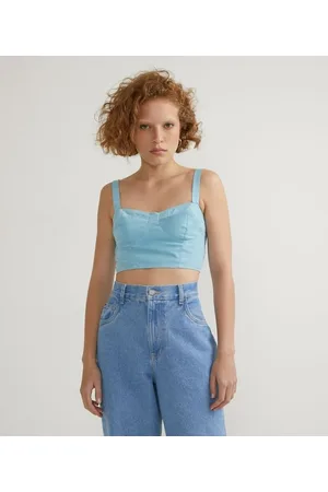 Blue Steel Blusa Cropped com Alças Largas e Decote Coração