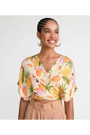Blue Steel Blusa Cropped em Viscose com Estampas de Frutas