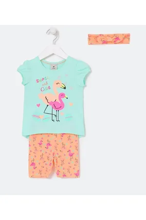Póim (1 a 5 anos) Conjunto Infantil com Estampa de Flamingos e Faixa de Cabelo - Tam 1 a 5 anos
