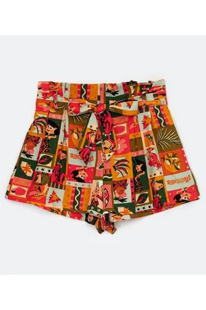 the flintstones Short Clochard em Linho com Cinto Faixa e Estampa