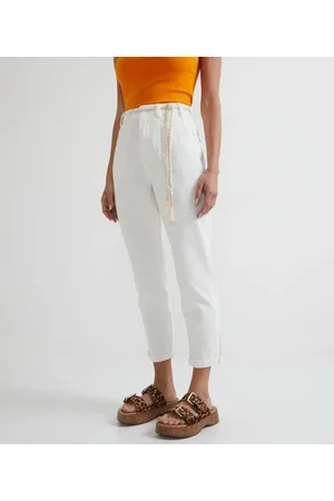 Blue Steel Calça Mom em Sarja com Cordão Torcido na Cintura