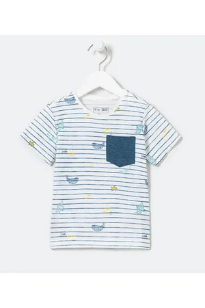 Póim (1 a 5 anos) Camiseta Infantil Listrada com Bichinhos Fundo do Mar com Bolsinho - Tam 1 a 5 Anos