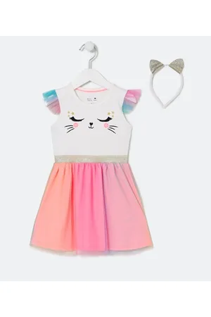 Póim (1 a 5 anos) Vestido Infantil com Estampa de Gatinha e Tiara - Tam 1 a 5 anos