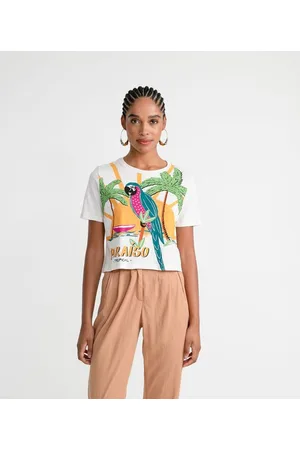 Blue Steel Blusa Cropped com Manga Curta e Estampa Paraíso Tropical