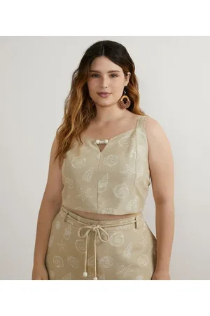 Ashua Curve e Plus Size Blusa Regata em Linho com Estampa Fundo do Mar Curve & Plus Size