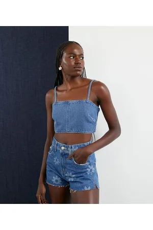 Blue Steel Blusa Regata Cropped Jeans com Lastex nas Costas