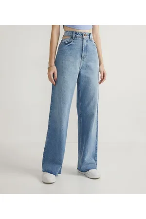 Blue Steel Calça Wide Leg Jeans com Detalhe Vazado no Bolso e Barra a Fio