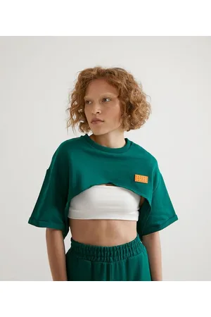 Blue Steel Blusa Cropped em Algodção com Mangas Curtas e Abertura Frontal