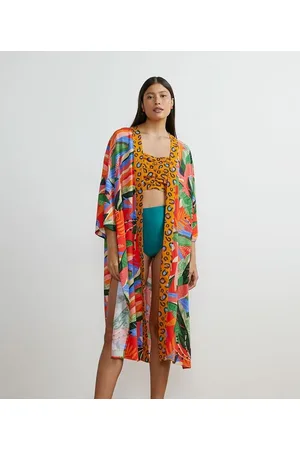 Blue Steel Kimono Alongado em Viscose com Estampa de Folhagens