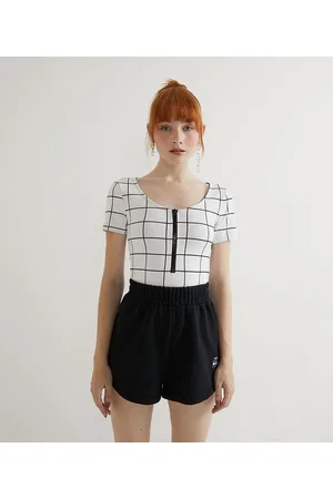 Blue Steel Blusa Cropped em Jacquard Quadriculado com Decote Canoa e Zíper na Frente