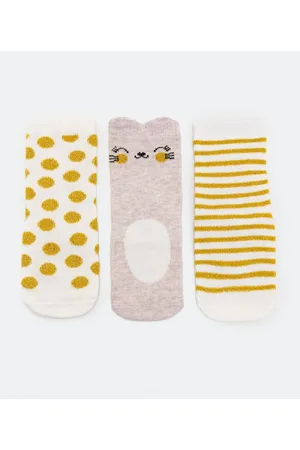 Teddy Boom Kit 3 Meias Infantil Estampa Listras Ursinhas e Poá - Tam 0 a 12 meses Branco/Bege/