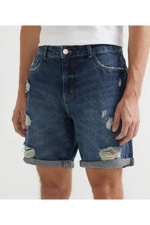 Blue Steel Bermuda Slim em Jeans com Puídos e Barra Dobrada