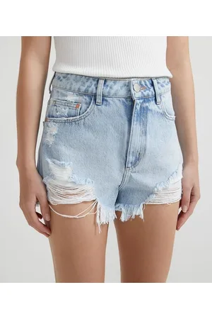 Blue Steel Short Jeans Cintura Alta com Bordado Traseiro de Flor