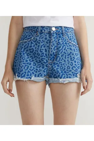 Blue Steel Short Cintura Alta Jeans com Estampa Animal Print Onça