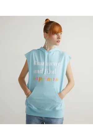 Blue Steel Colete Alongado em Moletom Canguru Lettering "Run Away and Find Happiness"