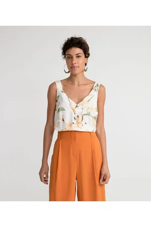 Marfinno Blusa Regata em Viscolinho com Alça Larga Drapeada e Estampa Floral