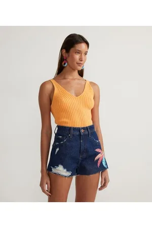 Blue Steel Blusa Regata Curta em Tricô Canelado com Decote V