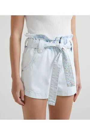 Blue Steel Short Clochard Jeans Delavê com Cinto Faixa com Estampa Floral