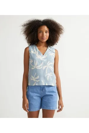 Cortelle Blusa Regata em Viscose com Estamoa de Folhagem e Amarração nas Costas