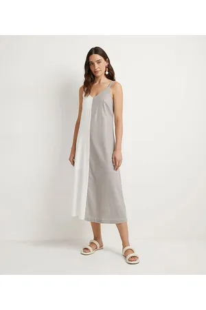 Marfinno Vestido Midi Amplo em Viscolinho Bicolor com Alças de Elástico