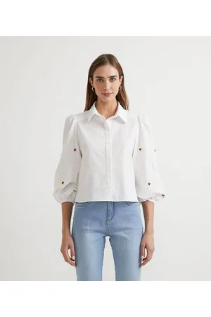 A-Collection Camisa Manga Longa Bufante em Tricoline com Bordado de Abelhinhas