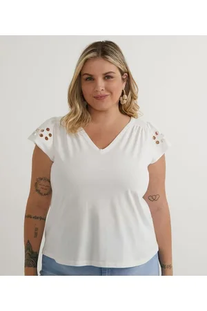 Ashua Curve e Plus Size Blusa em Algodão com Bordado Vazado nas Mangas Curve & Plus Size