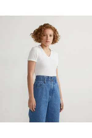 Blue Steel Blusa Cropped Canelada com Gola Polo e Decote V